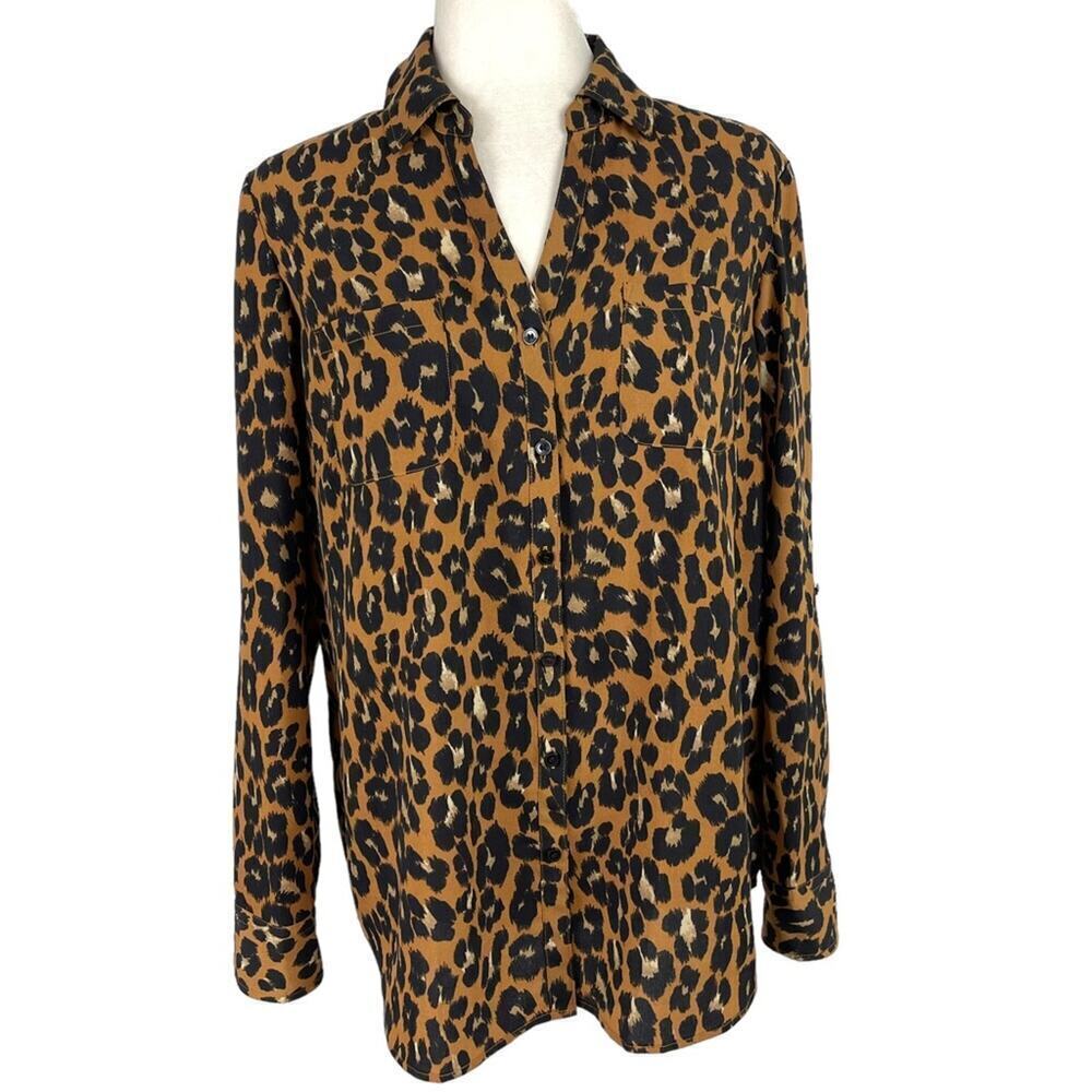 Talbots V-Neck Long Sleeve Leopard Print Button Down Blouse Popover Top Medium P